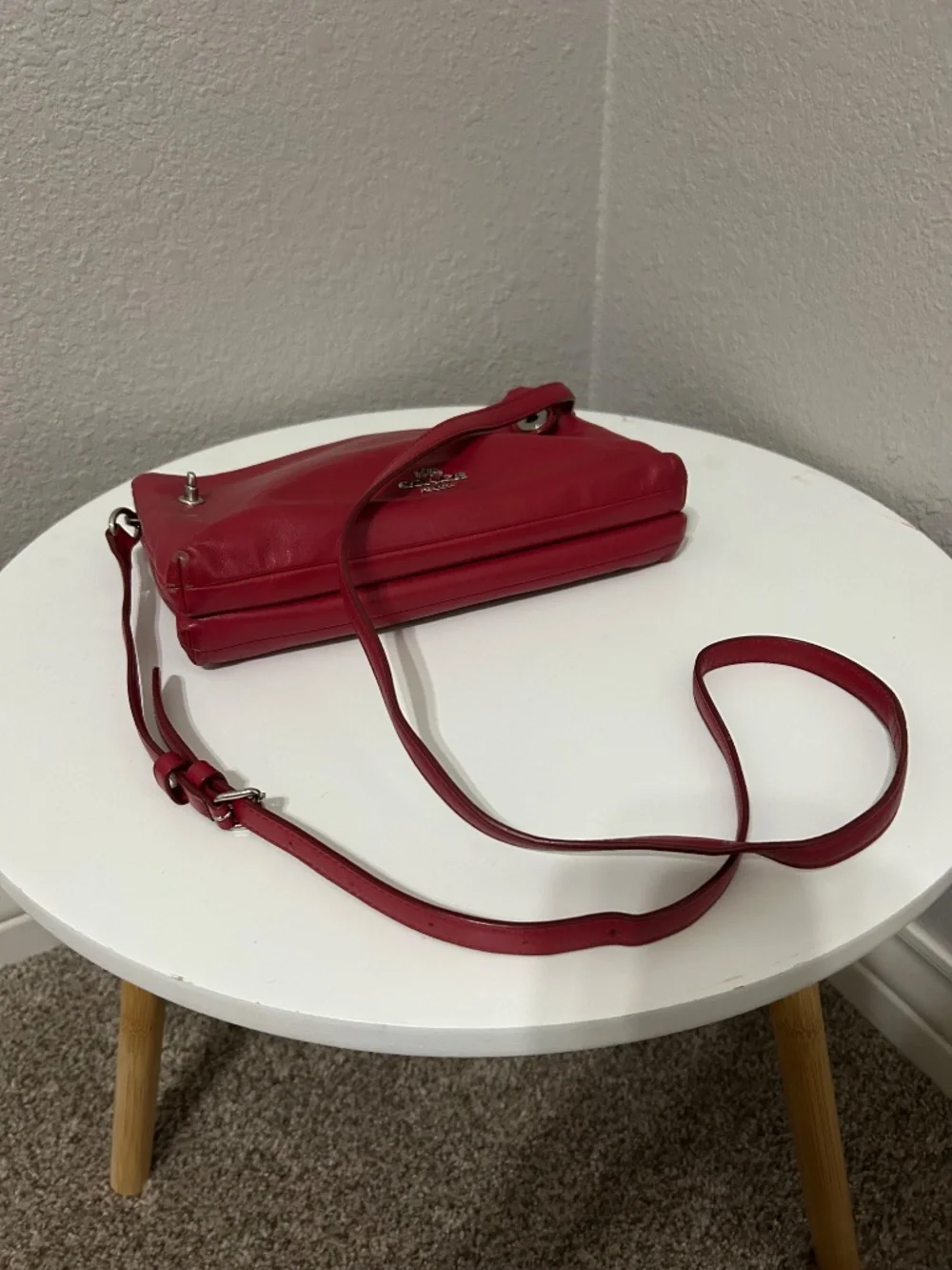 Coach Red Leather Double Compartment Crossbody Purse Silver Turn Lock Adjustable